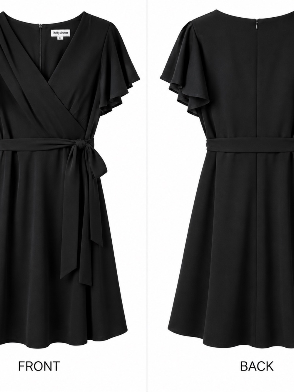 Shelby & Palmer Black Wrap Midi Dress with Flutter Sleeves